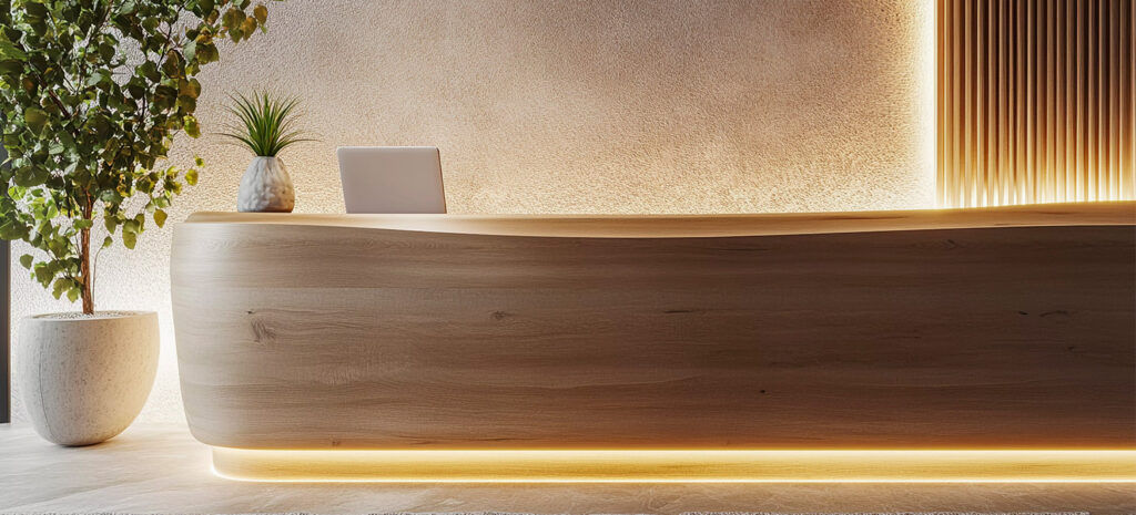 A modern hotel reception area with warm lighting, a wooden counter and green plants, creating a welcoming atmosphere.