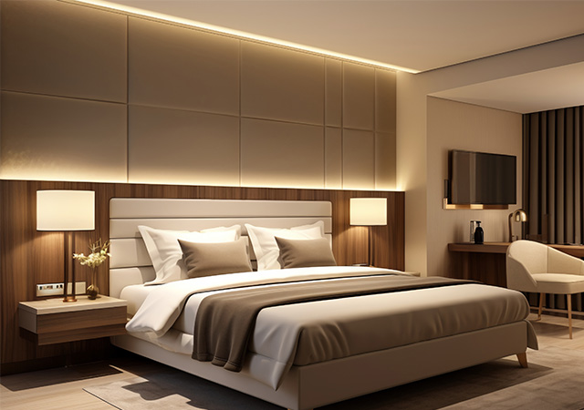 A stylish hotel room with a comfortable bed, elegant lighting and modern furnishings creates a welcoming atmosphere.