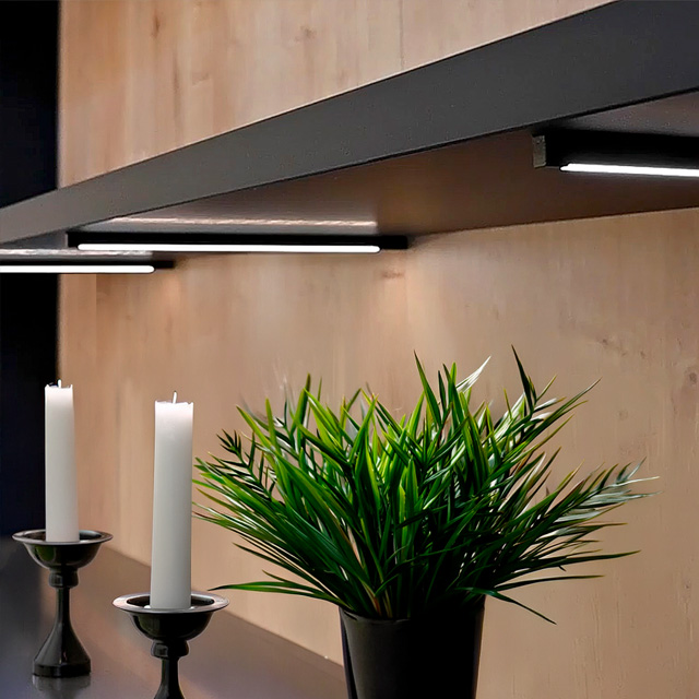 Shelves with decorative candles and a potted plant against a light-coloured wooden wall. Lights are mounted on the top shelf, illuminating the decorative items.
