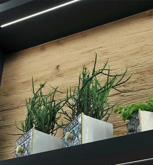 Ein elegantes ld8112-Regal mit sanften LED-Leuchten, das dekorative Pflanzen hinter einem Holz-Hintergrund präsentiert.