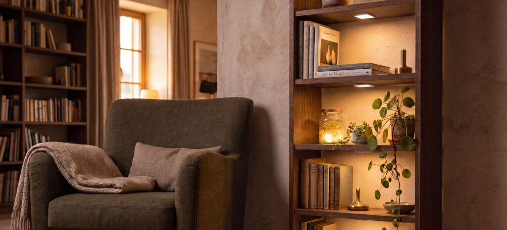 Ein gemütlicher wohnraum mit sessel und beleuchtetem Regal, in dem Bücher und Pflanzen stehen
